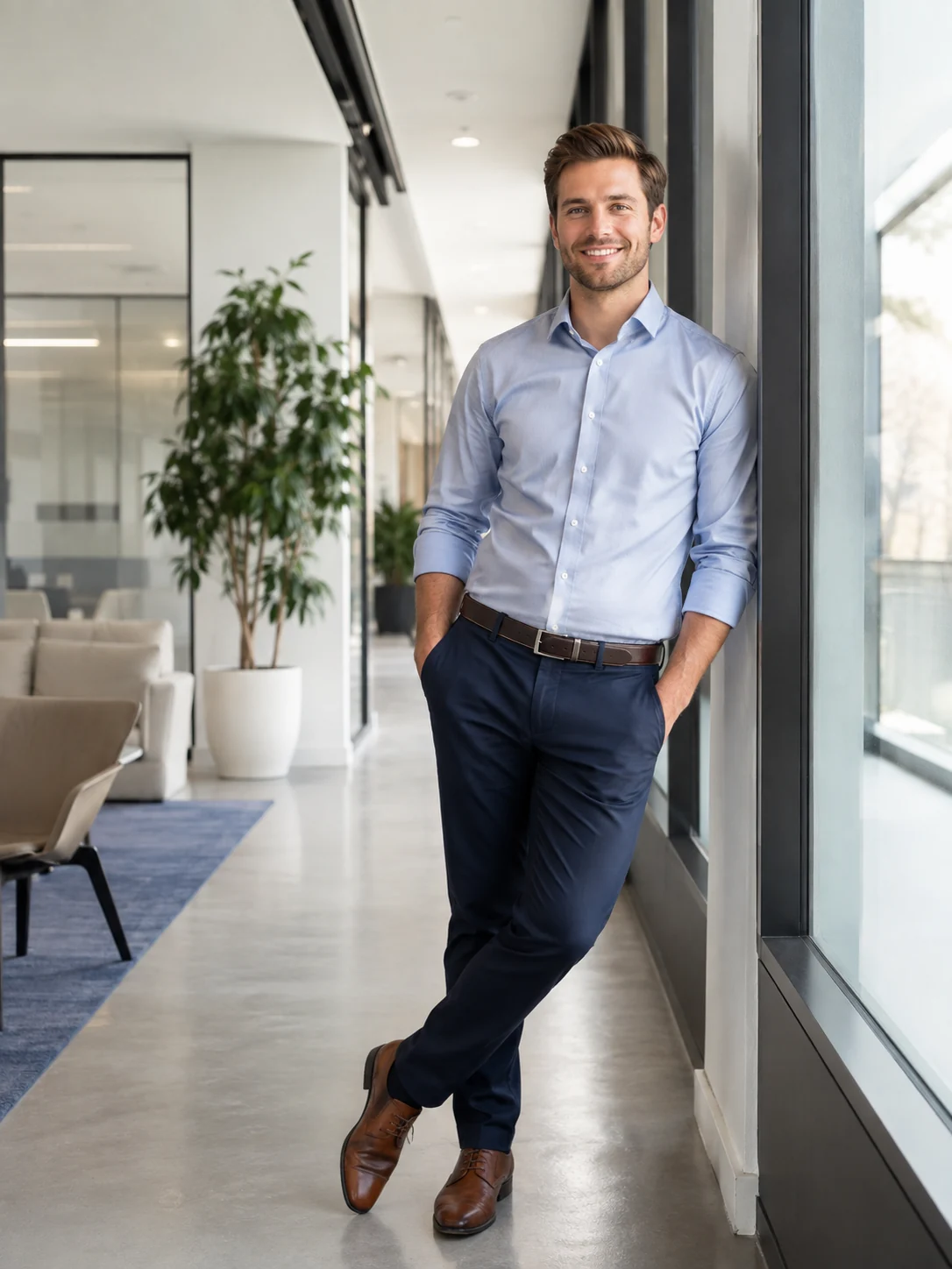 Second unique professional image of Mason Brooks concept: friendly insurance professional standing casually in a bright modern office corridor