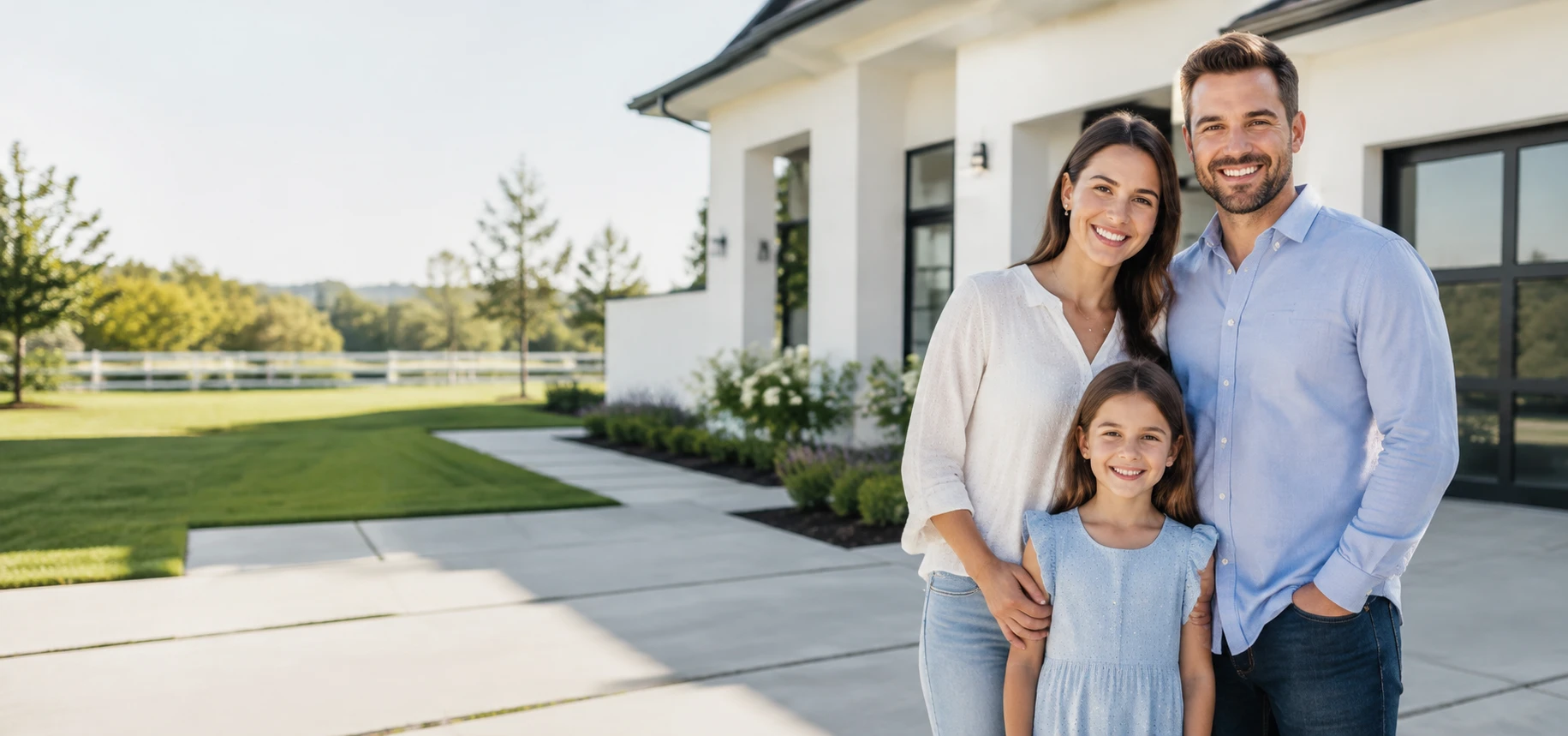 Parents and their child outside a contemporary family home