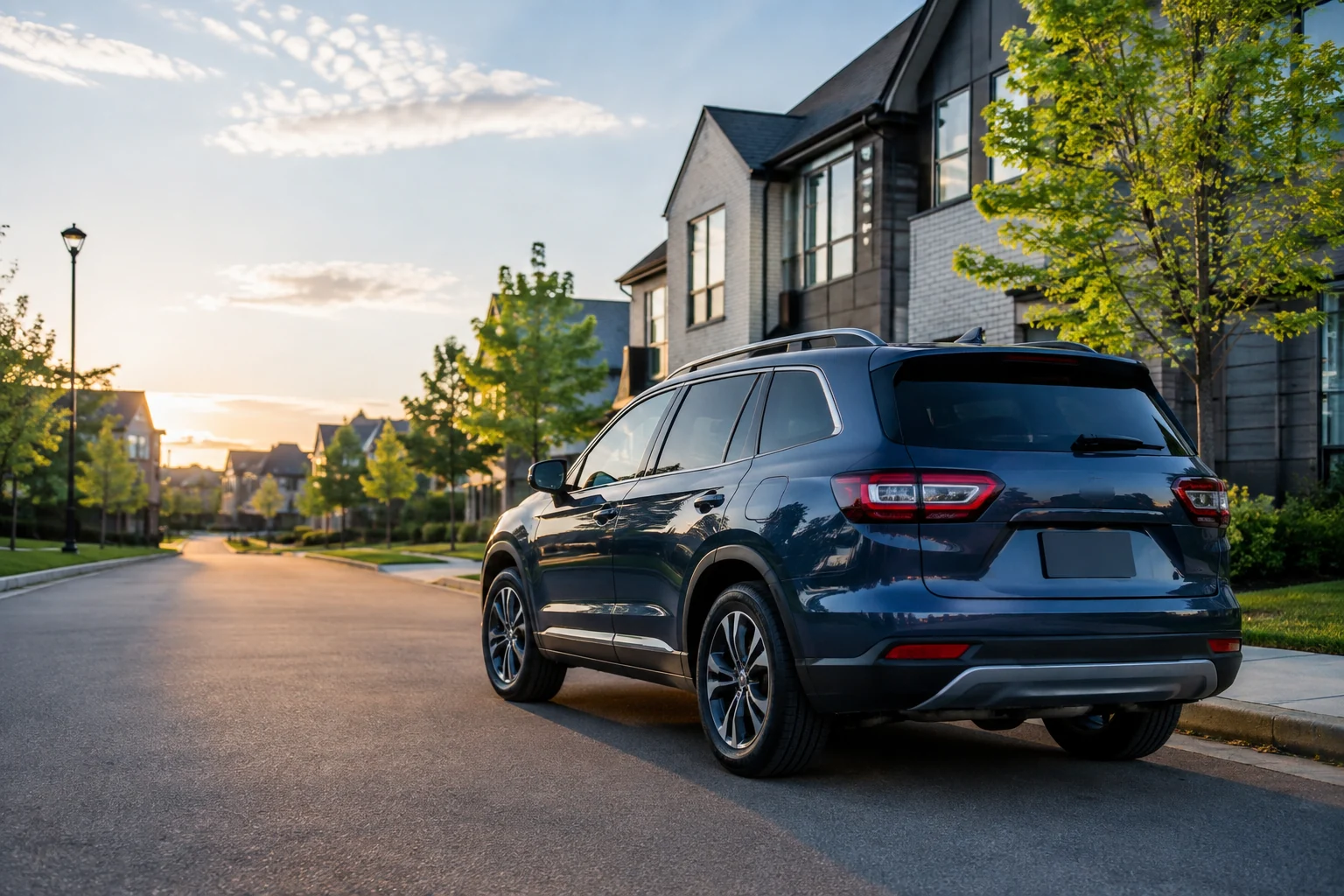 Modern mid-size SUV parked safely on a clean urban-suburban street at sunrise