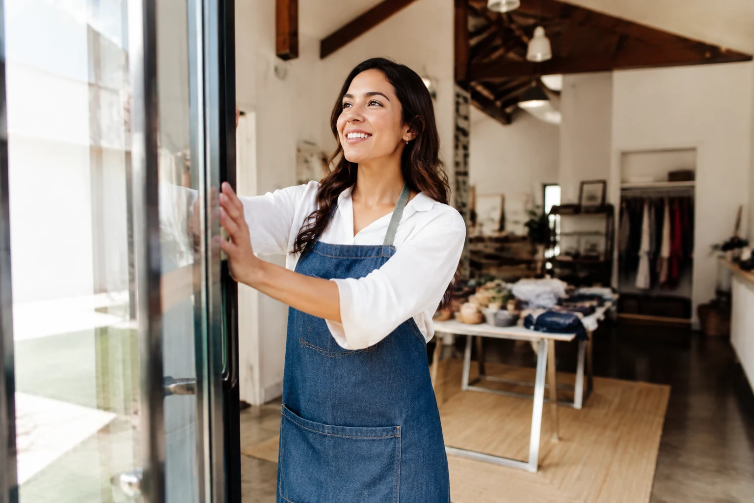 Small business owner in a contemporary retail or studio workspace opening for the day