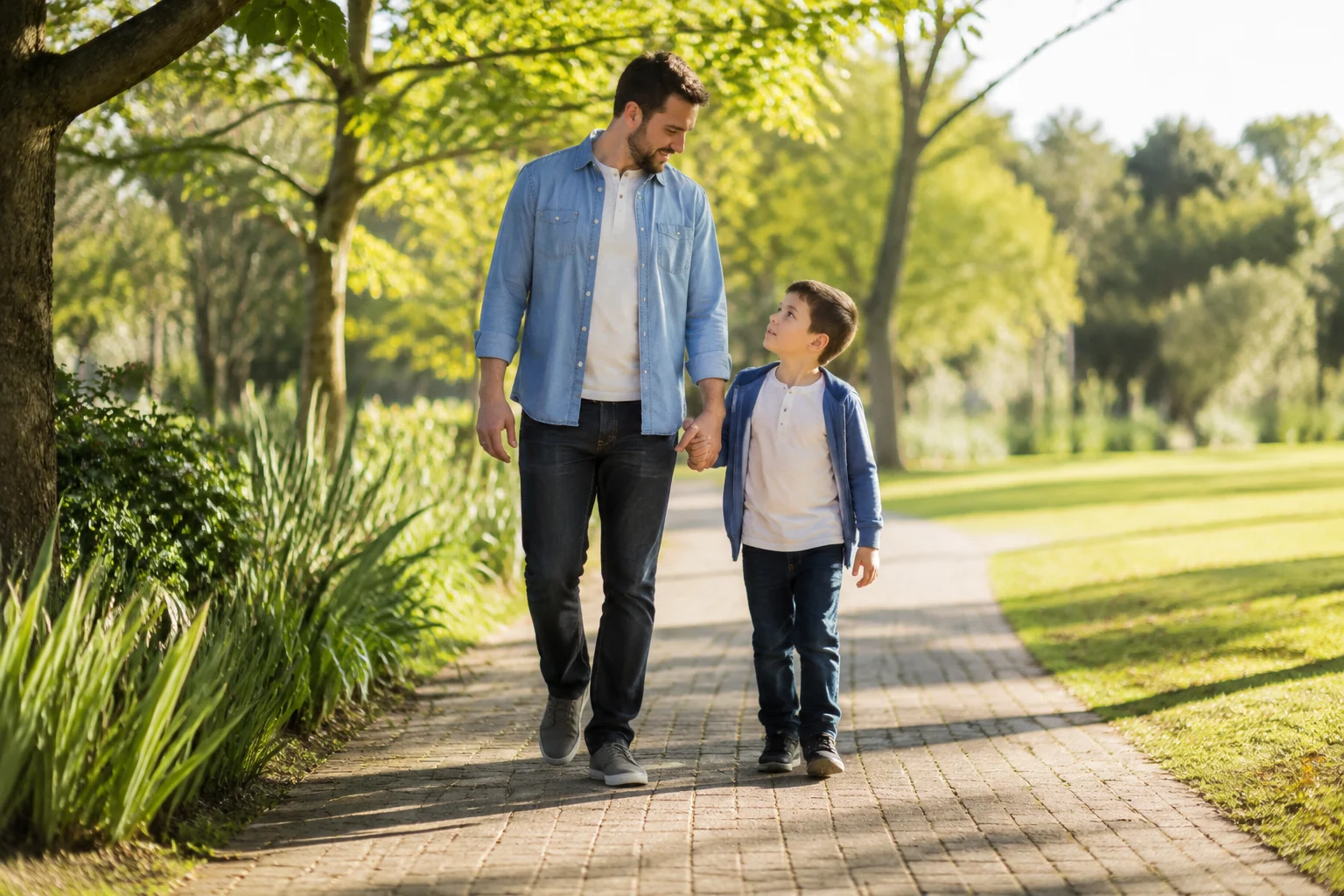 Parent and child walking together through a bright park