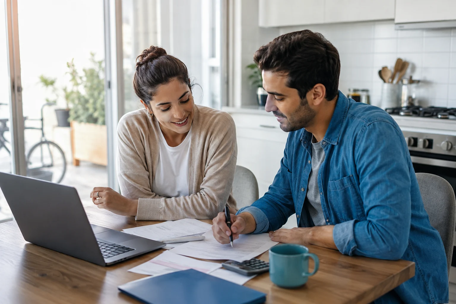 Young couple at kitchen table discussing household finances with laptop and paperwork
